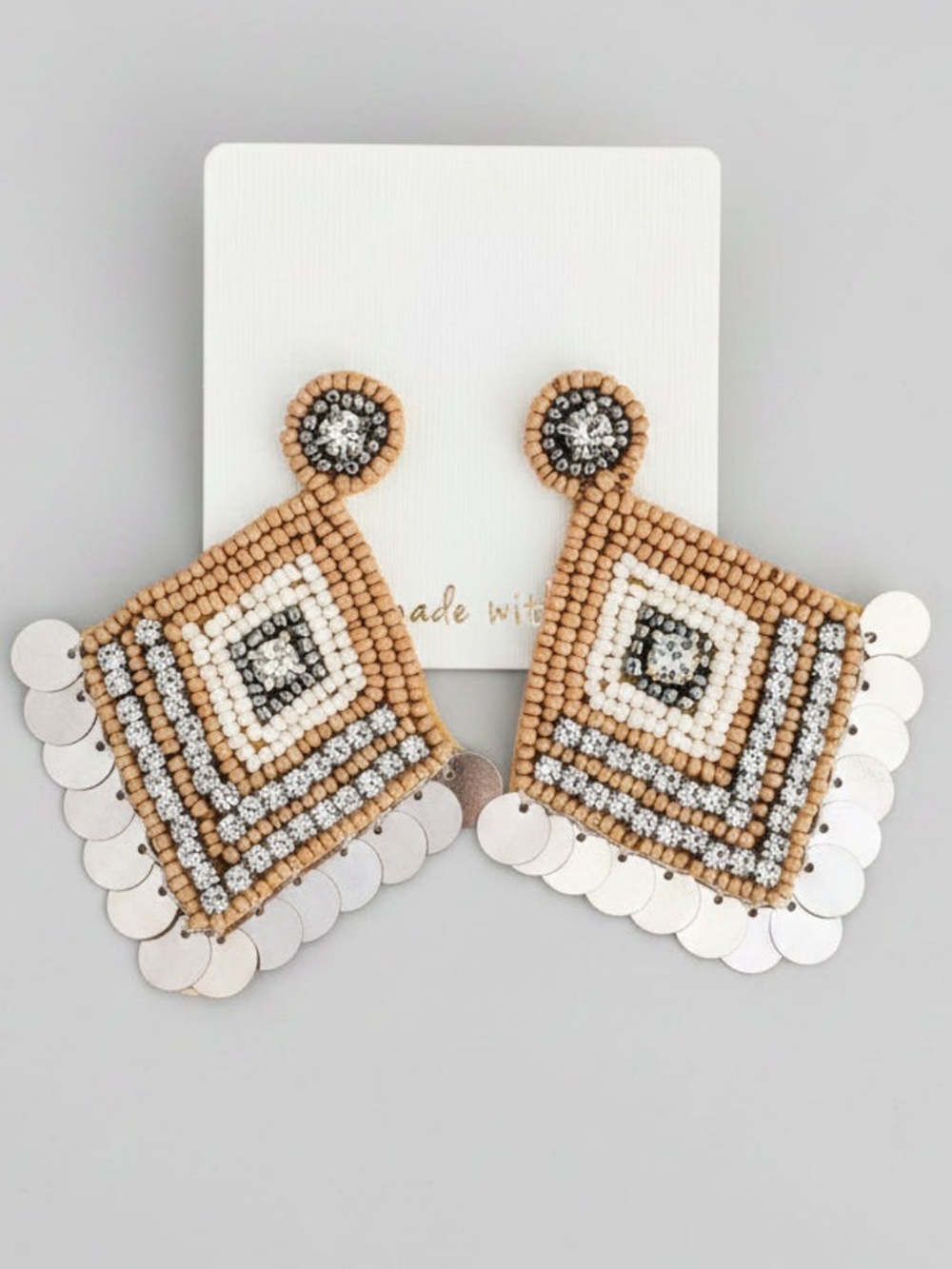 Boho Sequins Drop Beaded Earrings- Beige